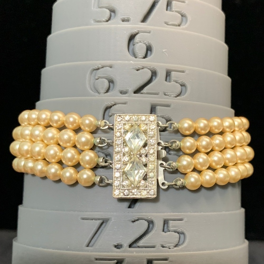 Vintage Marvella 4 Strand Faux Pearl Rhinestone Art Deco Clasp Bracelet 7 Inch